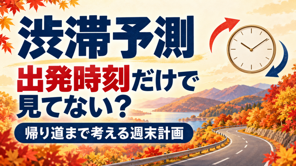 秋色の木々と架空の道路、往復を表す矢印と時計を背景に、渋滞予測を出発時刻だけで見ていないか問いかけるイラスト
