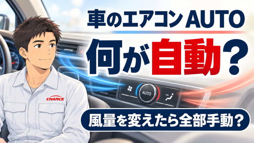 架空の車内の空調パネルと青・赤の空気の流れを背景に、左側のチャンス整備士キャラクターと「車のエアコン AUTO」「何が自動？」「風量を変えたら全部手動？」の文字を配置したイラスト