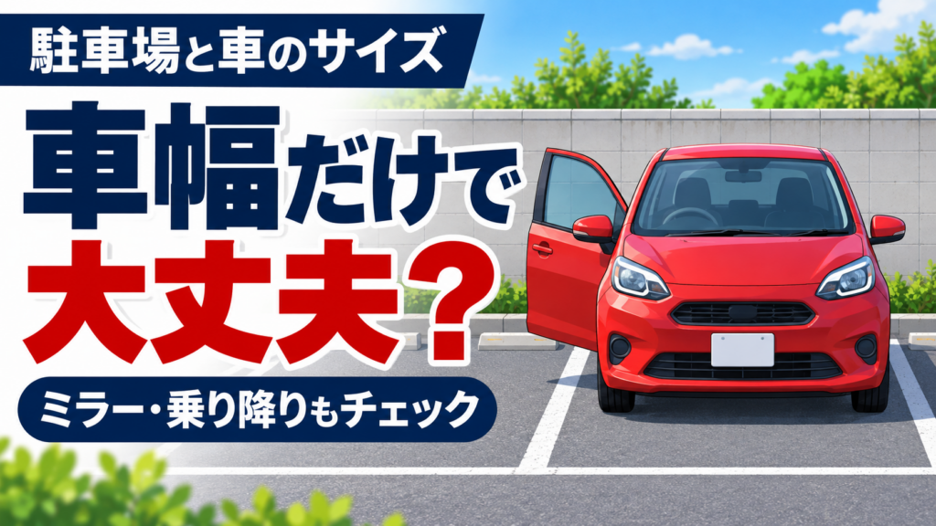 駐車場に停まる架空の赤い車と開いたドア。「車幅だけで大丈夫？」と問い、ミラーと乗り降りの確認を示すイラスト。