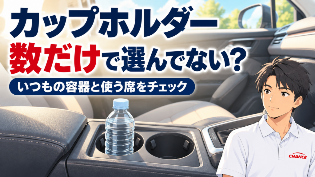 架空の車内にあるカップホルダーと蓋付きボトル、男性スタッフのイラスト。「数だけで選んでない？」と問い、いつもの容器と使う席の確認を示す。