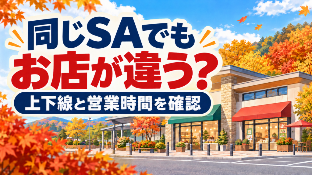 秋の景色に囲まれた架空の休憩施設とショップのイラスト。「同じSAでも、お店が違う？」と問い、上下線と営業時間の確認を促している。