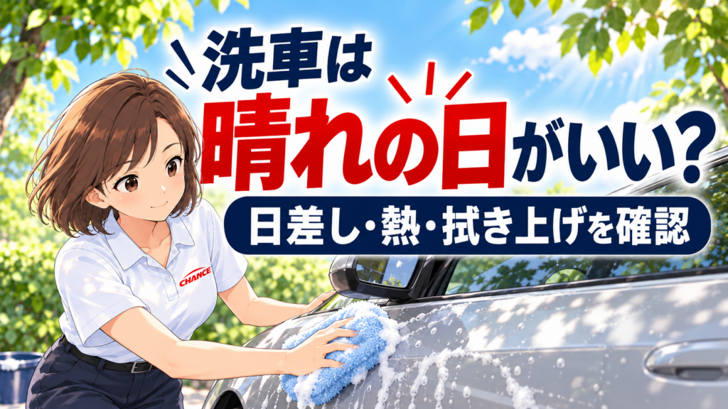 木陰で白いポロシャツの女性キャラクターが、青い柔らかい洗車ミットで銀色の車の側面を洗うイラスト。「洗車は晴れの日がいい？」と問い、日差し・熱・拭き上げの確認を促す。
