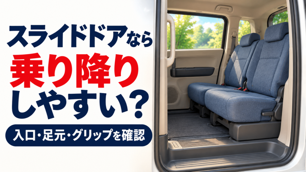 架空の車の後席入口を近景で描いたイラスト。青い布の後席とベージュの内装、足元の段差、柱の縦グリップが見える。「スライドドアなら乗り降りしやすい？」と問い、入口・足元・グリップの確認を促す。