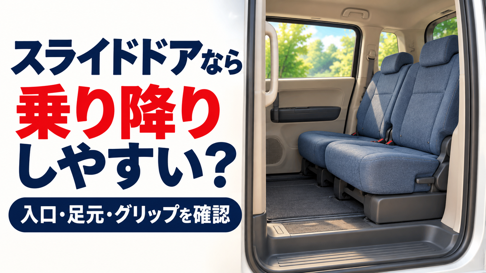 架空の車の後席入口を近景で描いたイラスト。青い布の後席とベージュの内装、足元の段差、柱の縦グリップが見える。「スライドドアなら乗り降りしやすい？」と問い、入口・足元・グリップの確認を促す。
