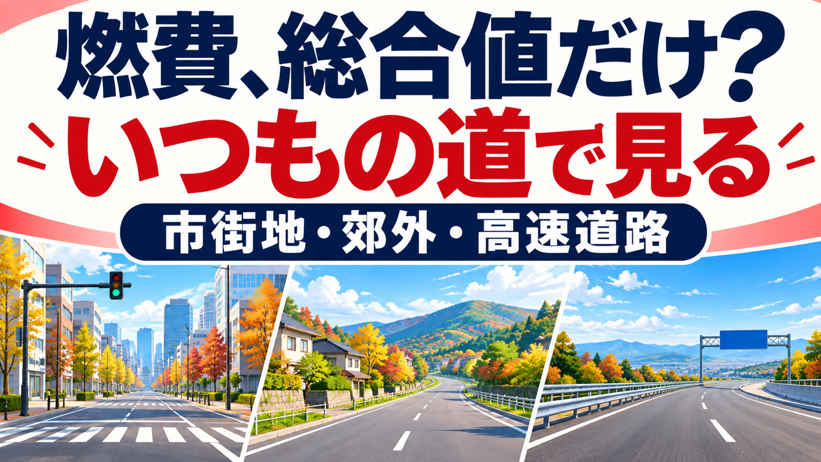 「燃費、総合値だけ？ いつもの道で見る 市街地・郊外・高速道路」の文字と、街中・郊外・高速道路をイメージした三つの風景イラスト。