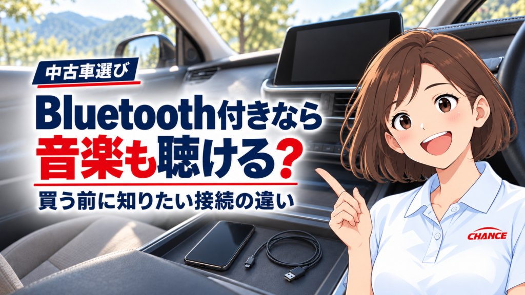 Bluetooth付きなら音楽も聴ける？ 買う前に知りたい接続の違い。架空の車内と女性スタッフのキャラクター（AI生成イメージ）