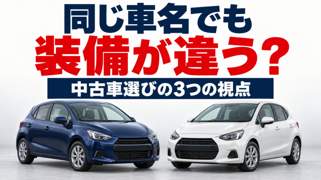 紺と白の架空の車を並べたイメージ。同じ車名でも装備が違う？ 中古車選びの3つの視点。